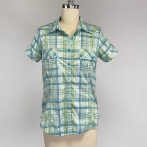 Eddie Bauer Blue Green Plaid Button Down Top